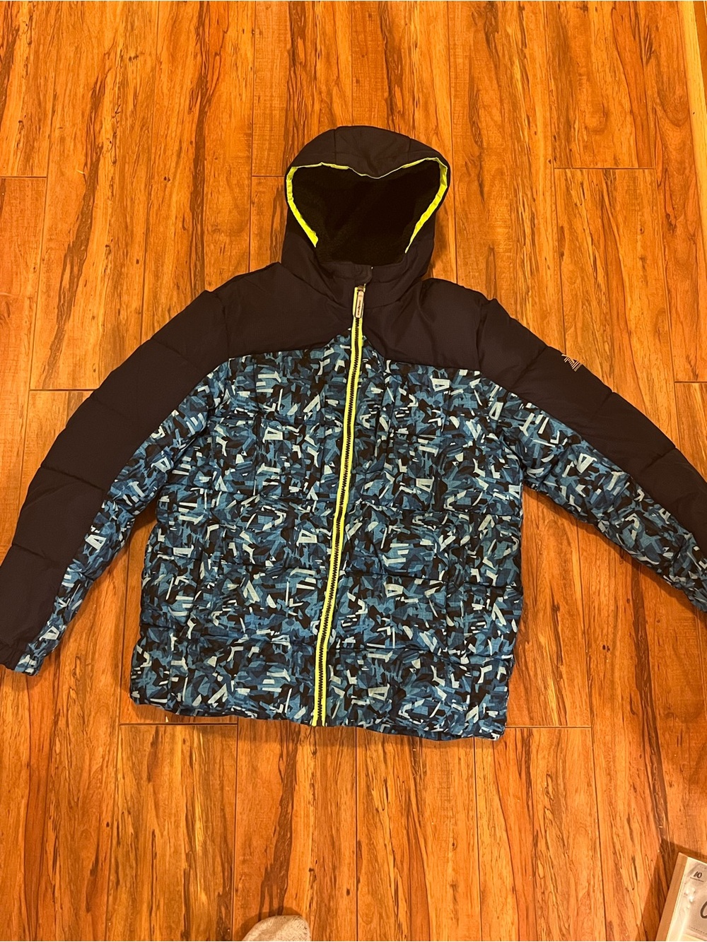 ZeroXposur Boys Blue Camo Puffer Jacket with Neon Yellow Trim